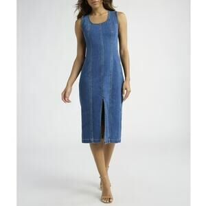 Sofia Denim Dress Women's Sz L Medium Wash Sleeveless Knee Length Slit
